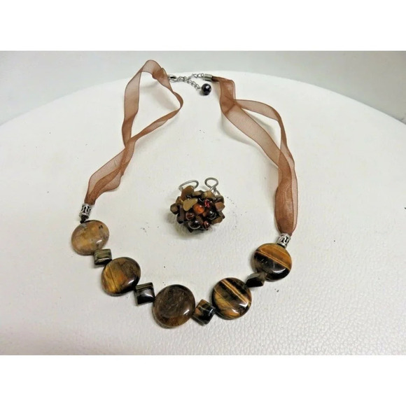 Unbranded Jewelry - Tiger's Eye Necklace & Ring Set Striped Stone Beaded  Adjustable Ribbon